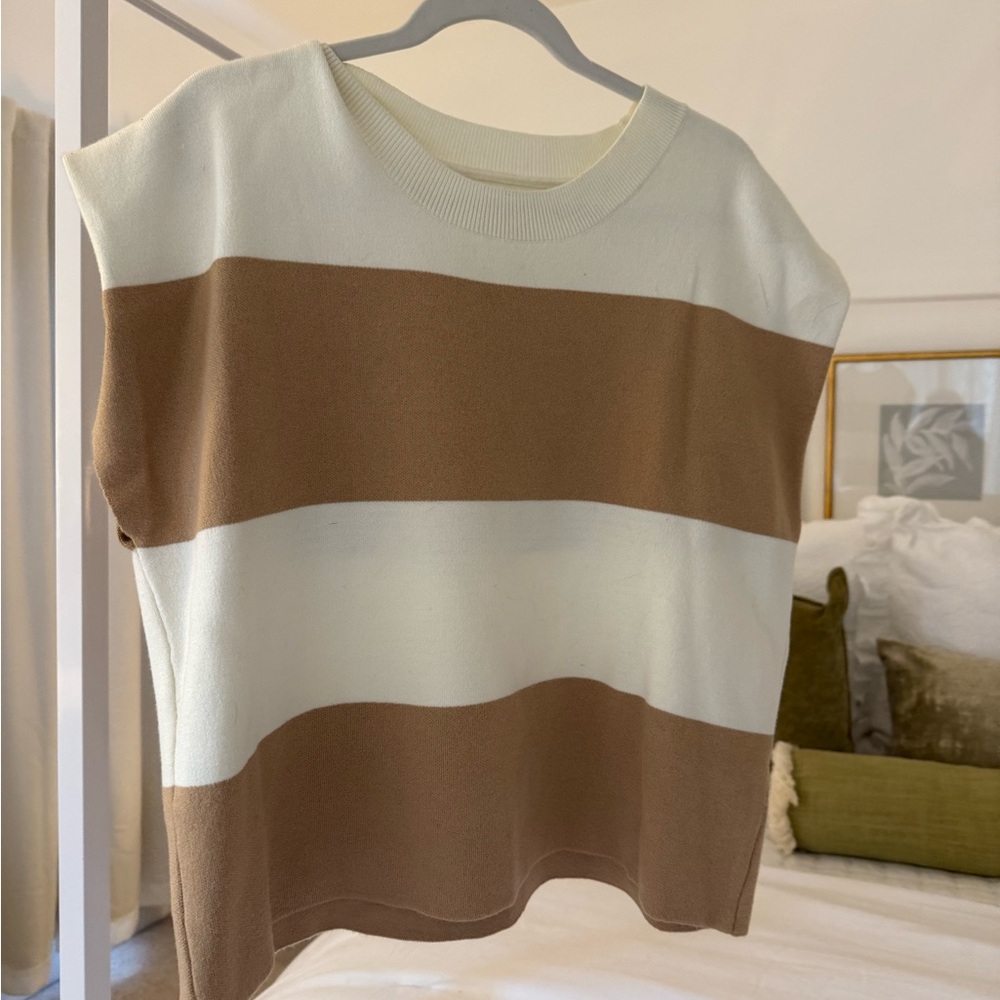 Anthropologie Cream and Brown Striped Tee
